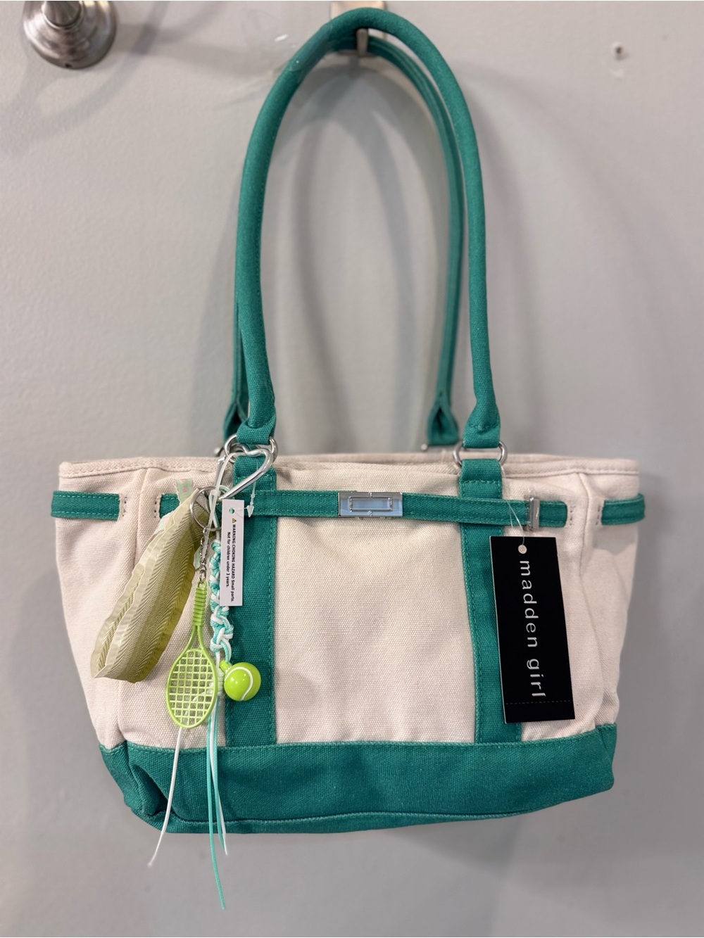 Madden Girl Cream and Teal Canvas Tote with Charm Accents